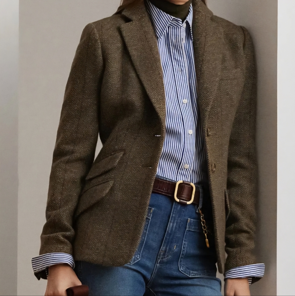 Lauren Ralph Lauren Brown Tweed 100% Wool Blazer